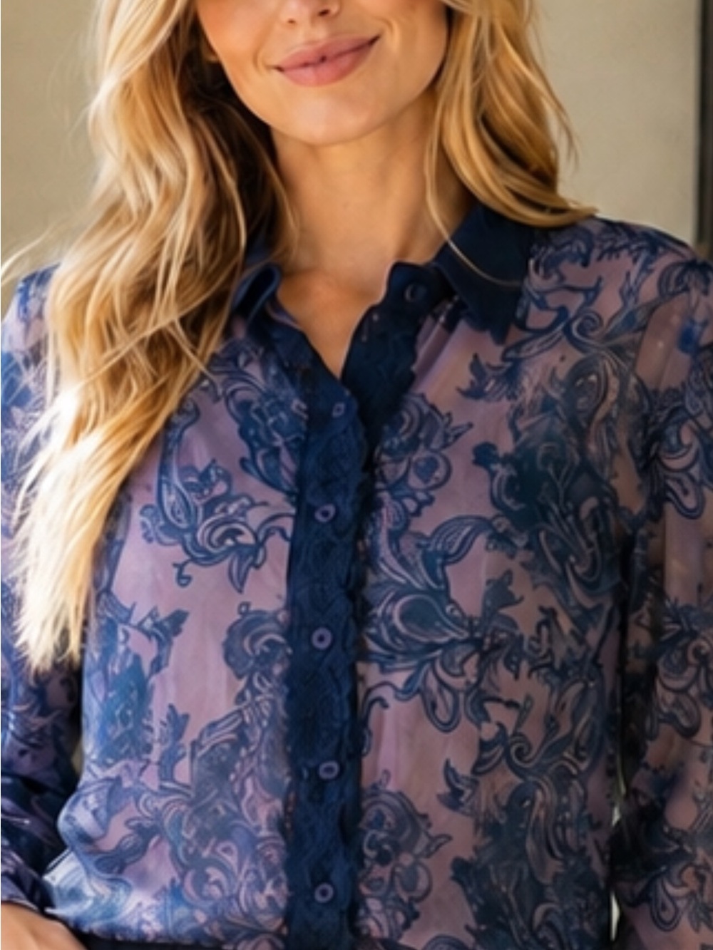Navy Floral Sheer Button-Front Blouse - Women